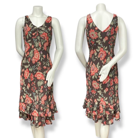 Jones New York Bias Cut Dress Silk Floral ALTERED V-Neck Women Flirty Brown Pink - Picture 1 of 16